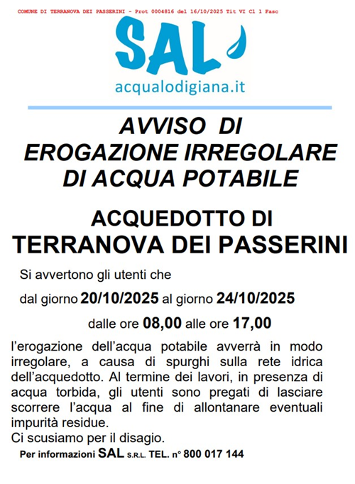 Avviso di erogazione irregolare di acqua potabile