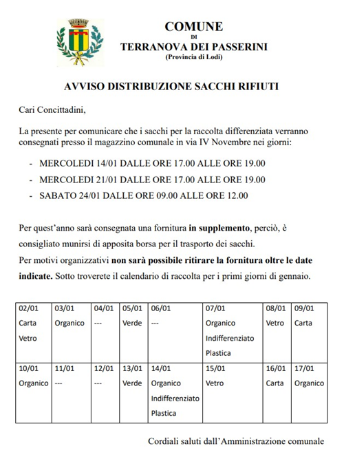 Distribuzione sacchi rifiuti