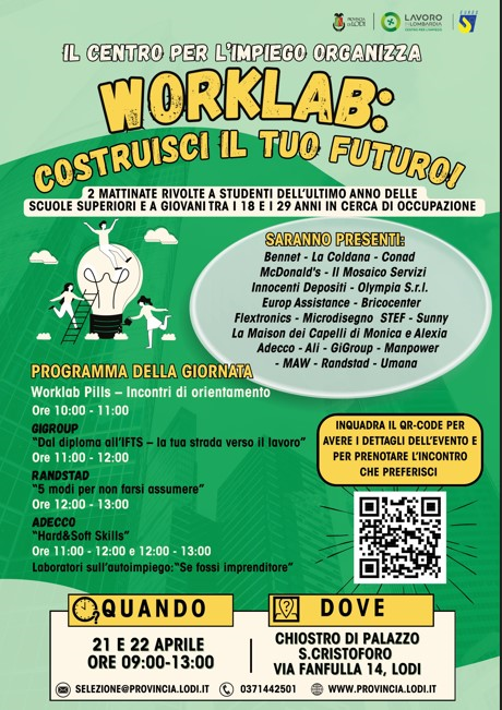 Il Centro per lImpiego della Provincia di Lodi organizza la seconda edizione di Worklab, due mattinate dedicate allorientamento e allincontro con il mondo del lavoro.