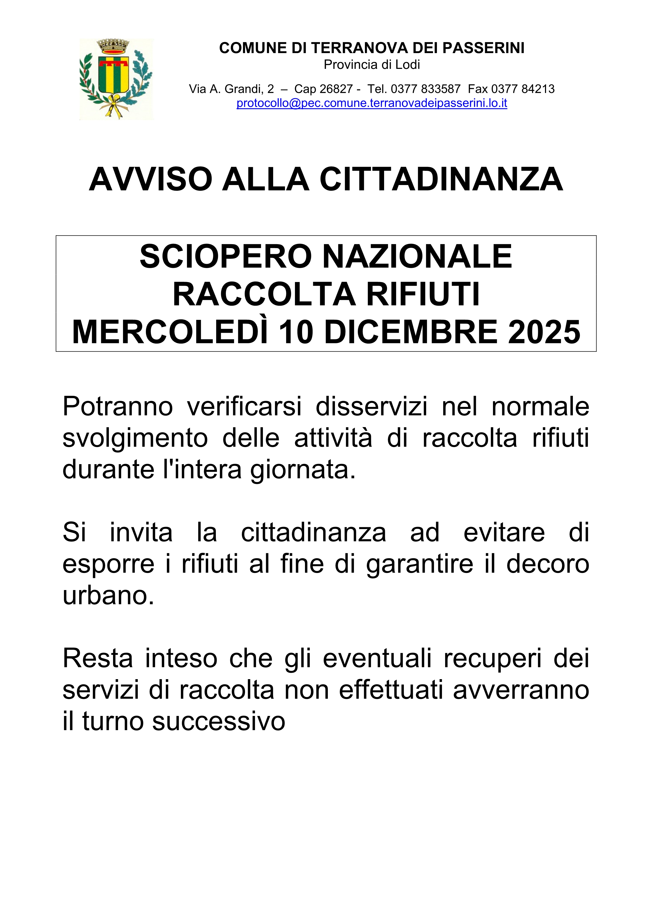 Sciopero  Nazione  Raccolta Rifiuti del 10/12/2025