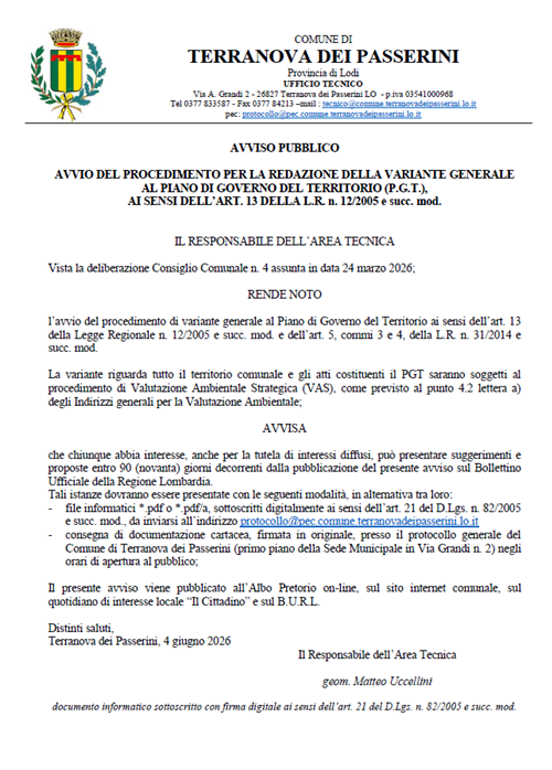 Avviso pubblico procedimento redazione piano governo del territorio