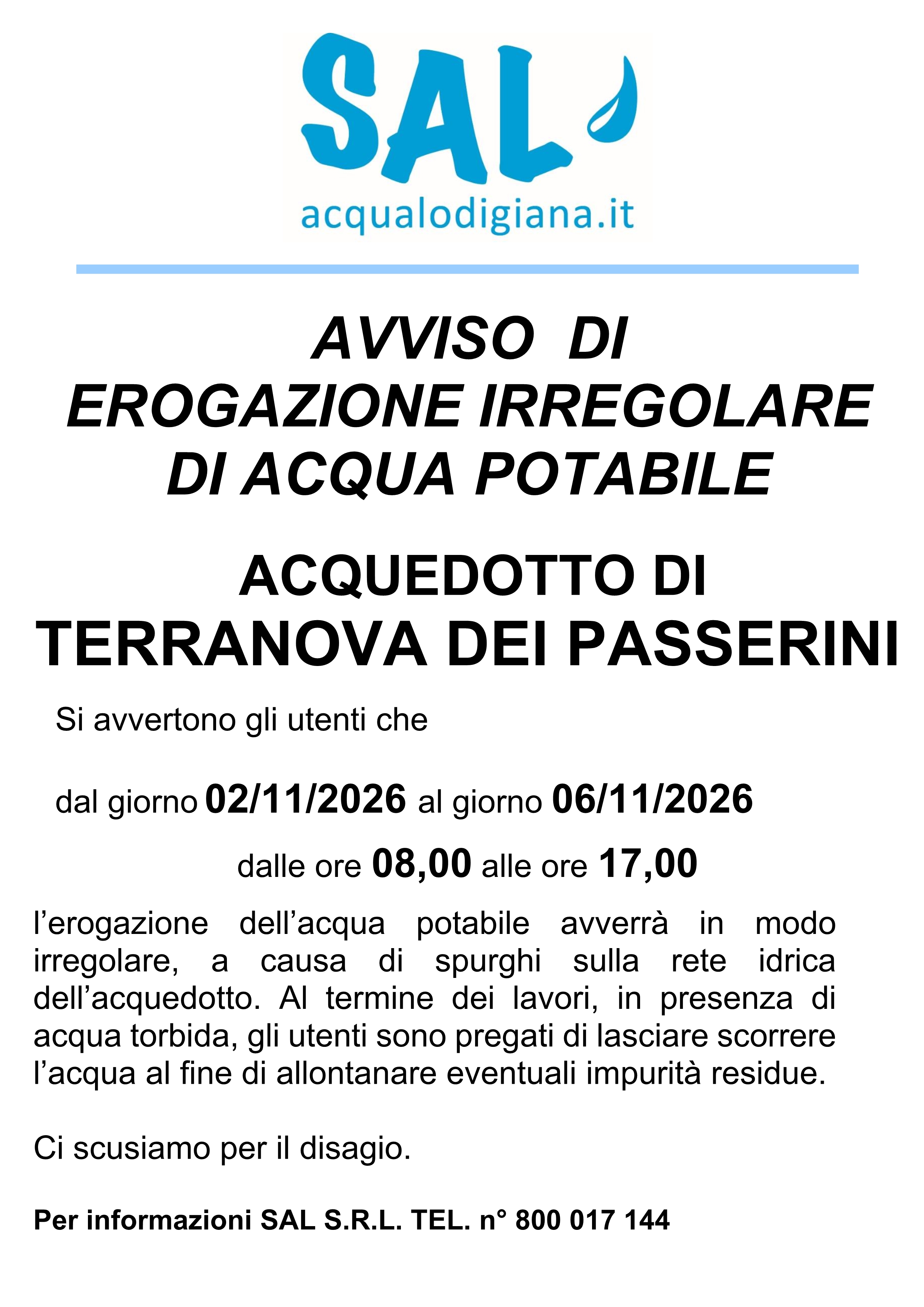 Avviso di erogazione irregolare di Acqua Potabile
